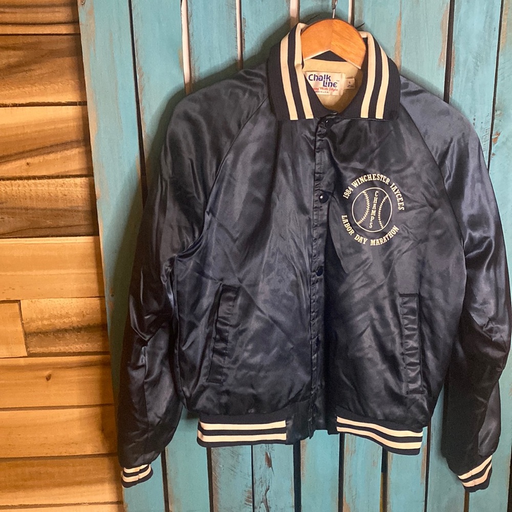 Vintage Chalk Line satin bomber jacket blue white size small 1984 baseball champ